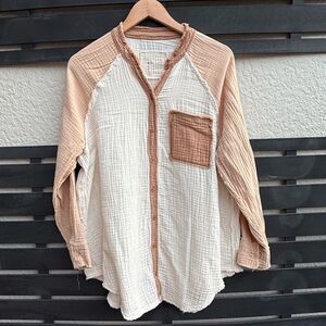 Aerie Long Sleeve Color Block Dad Shirt in Cream/Tan/Brown | Small